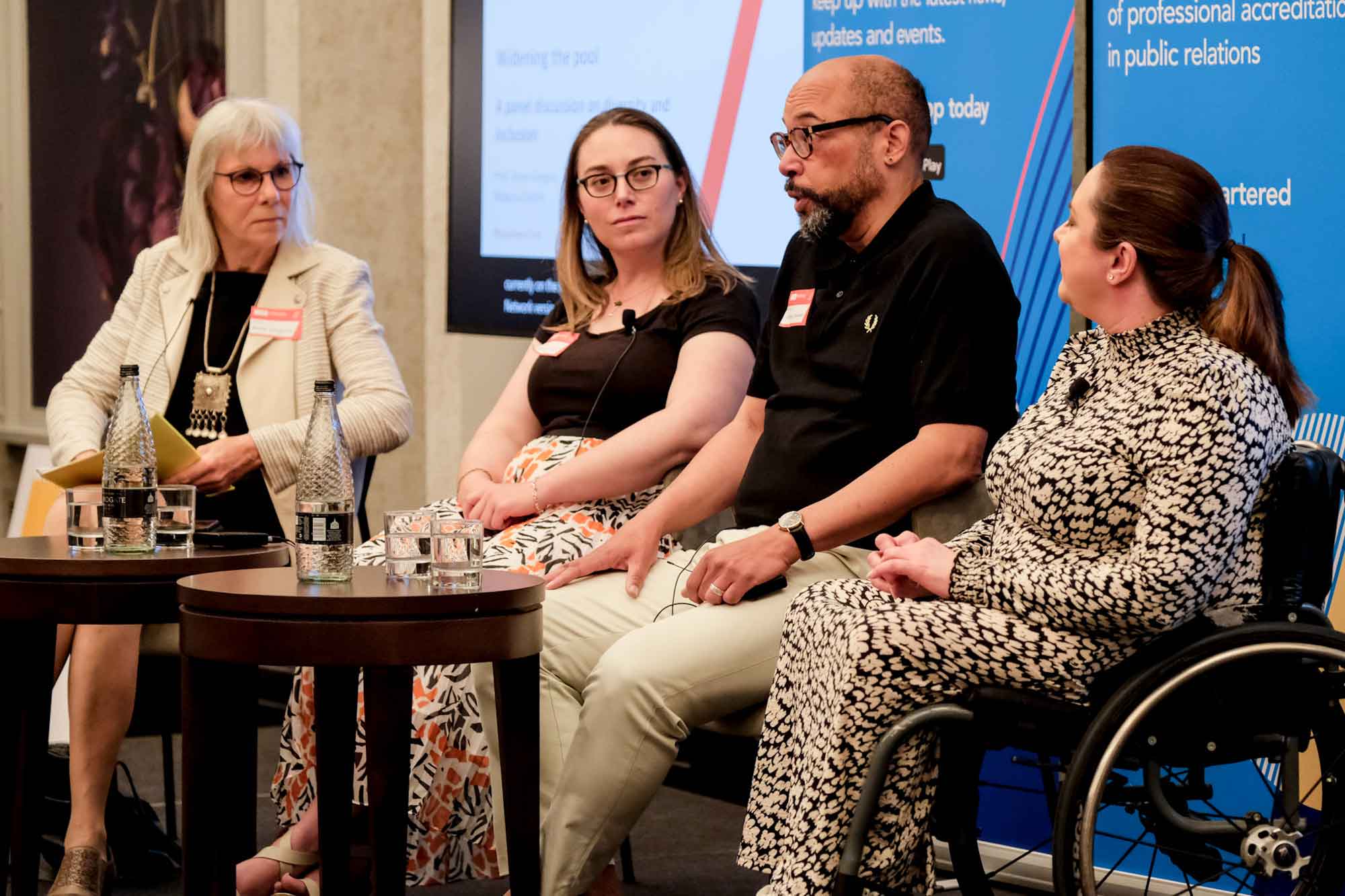 Photo of a panel of speakers at the CIPR Volunteers Conference 2022, pictured from left to right: Prof. Anne Gregory, CIPR Board, Rebecca Zeitlin, CIPR Board and STEM, Cornelius Alexander, CIPR Board and CIPR D&I Network and Sarah Brown-Fraser, Activity Alliance.