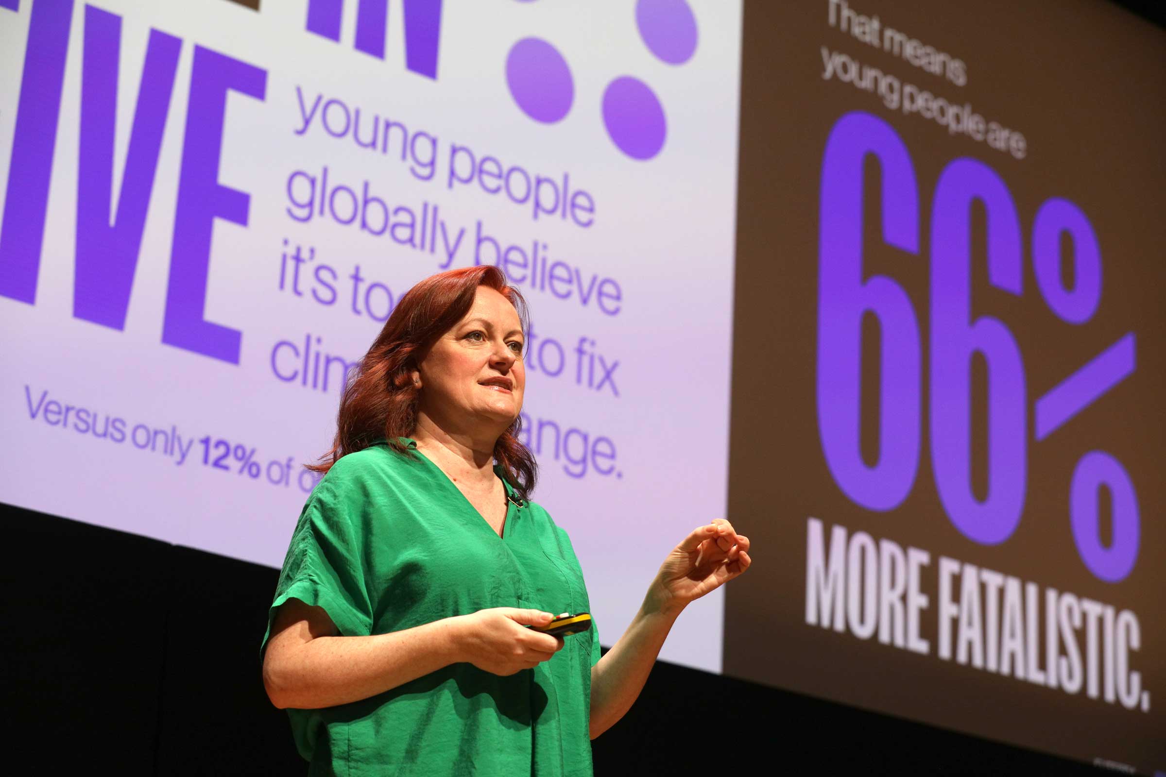Photo of CIPR Annual Conference 2022 speaker,  Solitaire Townsend, Chief Solutionist and Co-Founder, Futerra, holding a speech on stage