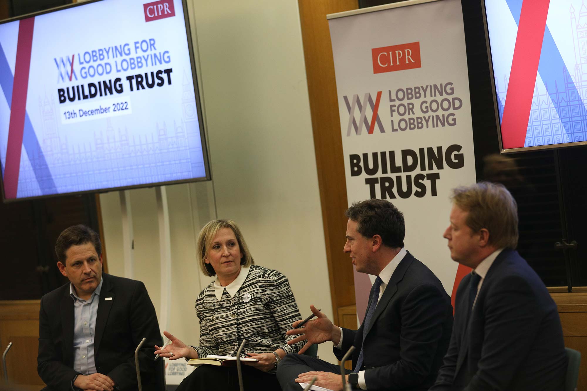 Photo of a panel of speakers composed of (from left to right) Duncan Hames, Director of Policy at Transparency International UK, Rachael Clamp, CIPR’s President-Elect, Sam Coates, Deputy Political Editor at Sky News) and Paul Bristow MP.